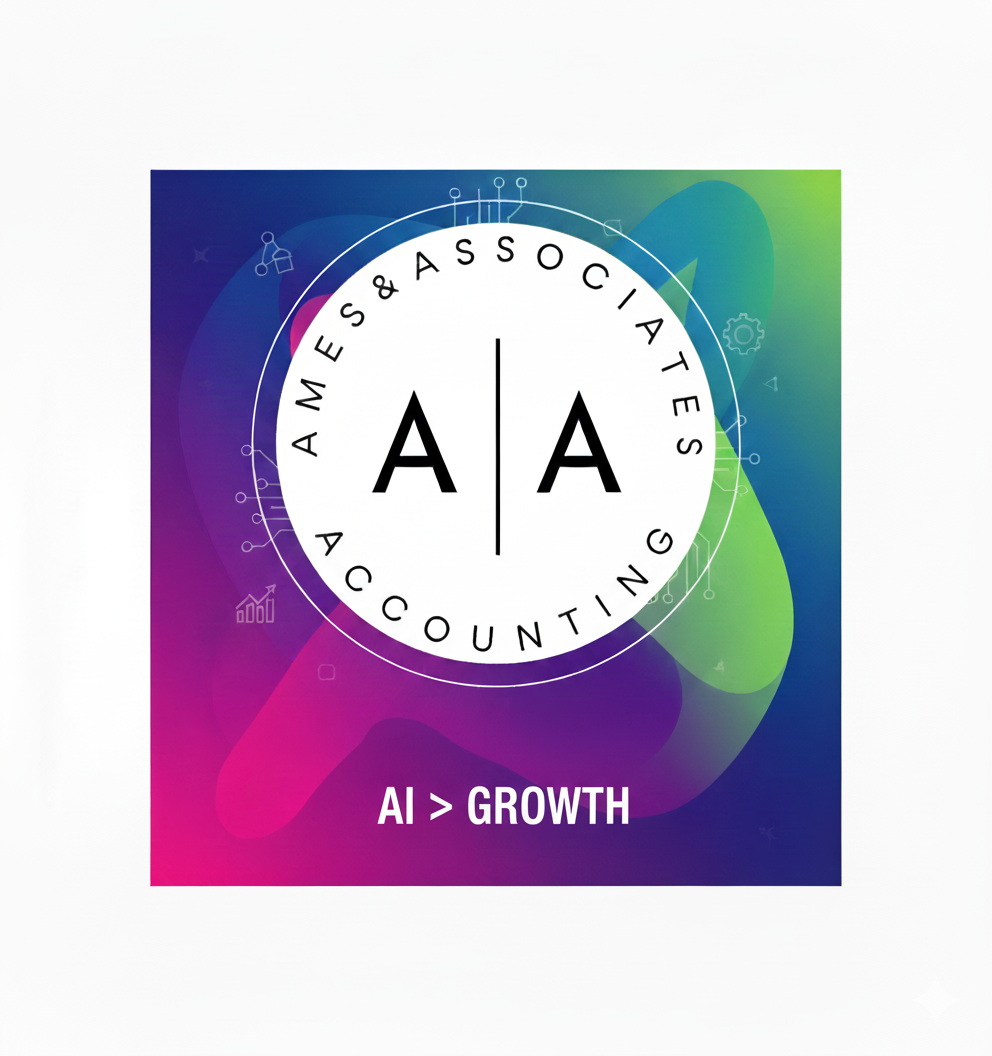 Unlock Business Growth. Invest in AI. A vibrant graphic with the Ames & Associates Accounting logo.