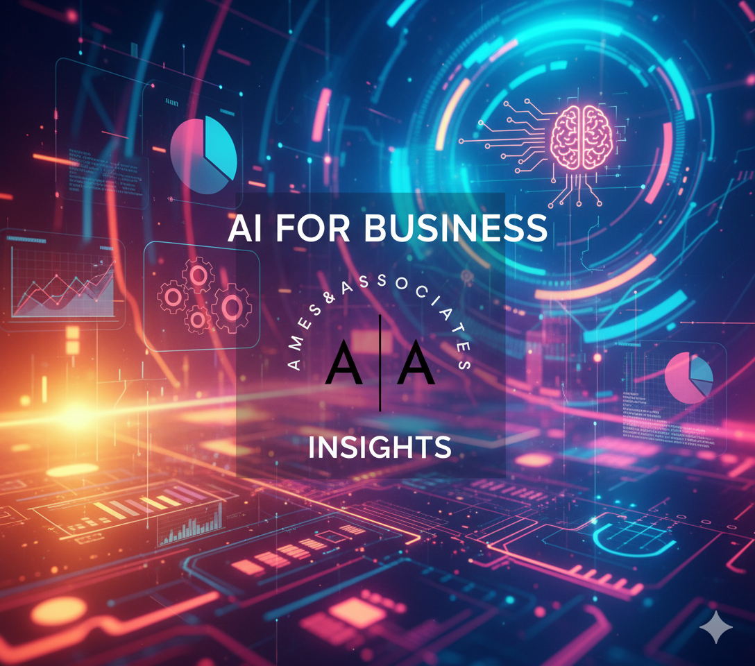 AI for Business Insights, Ames & Associates Accounting logo, technology circuitry, brain graphic, data charts, digital glowing interface