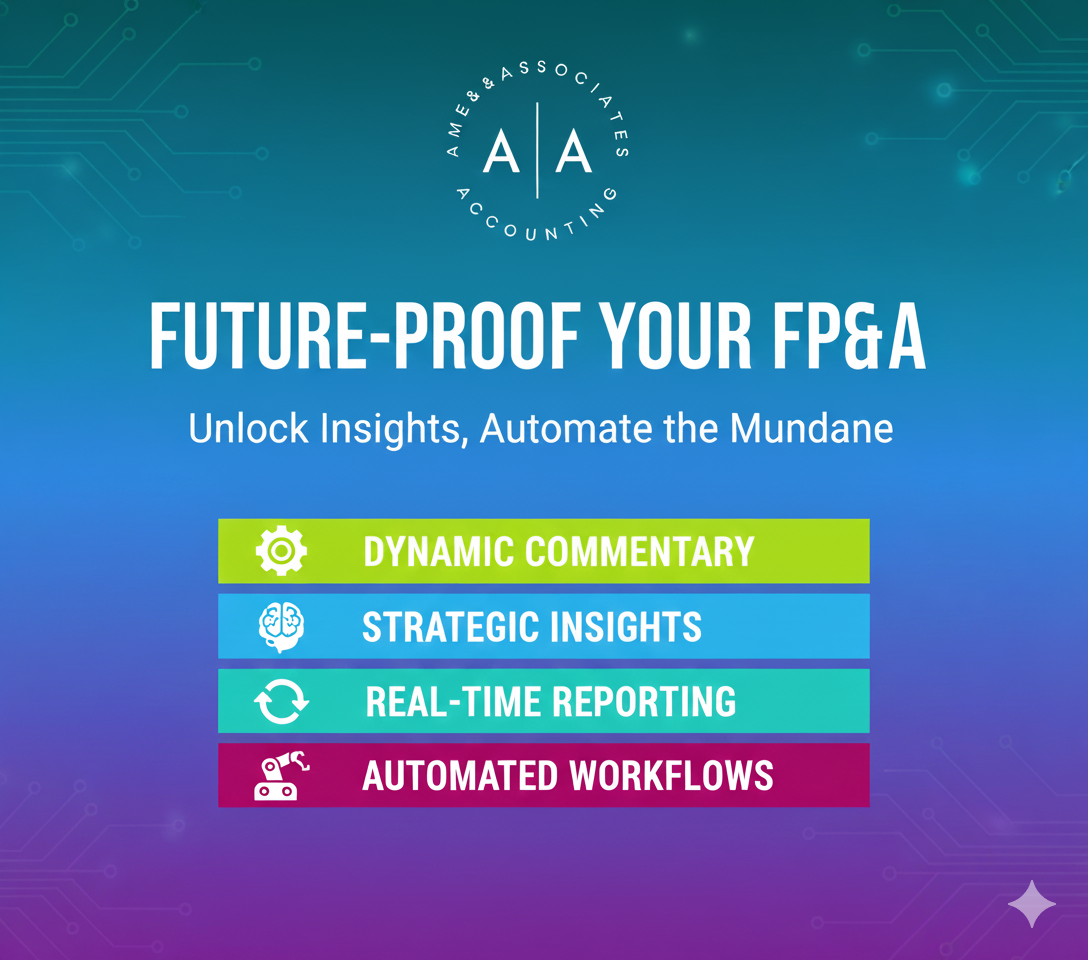 Banner reading “Future-Proof Your FP&A” with checklist icons for dynamic commentary, faster month-end, and actionable insights.