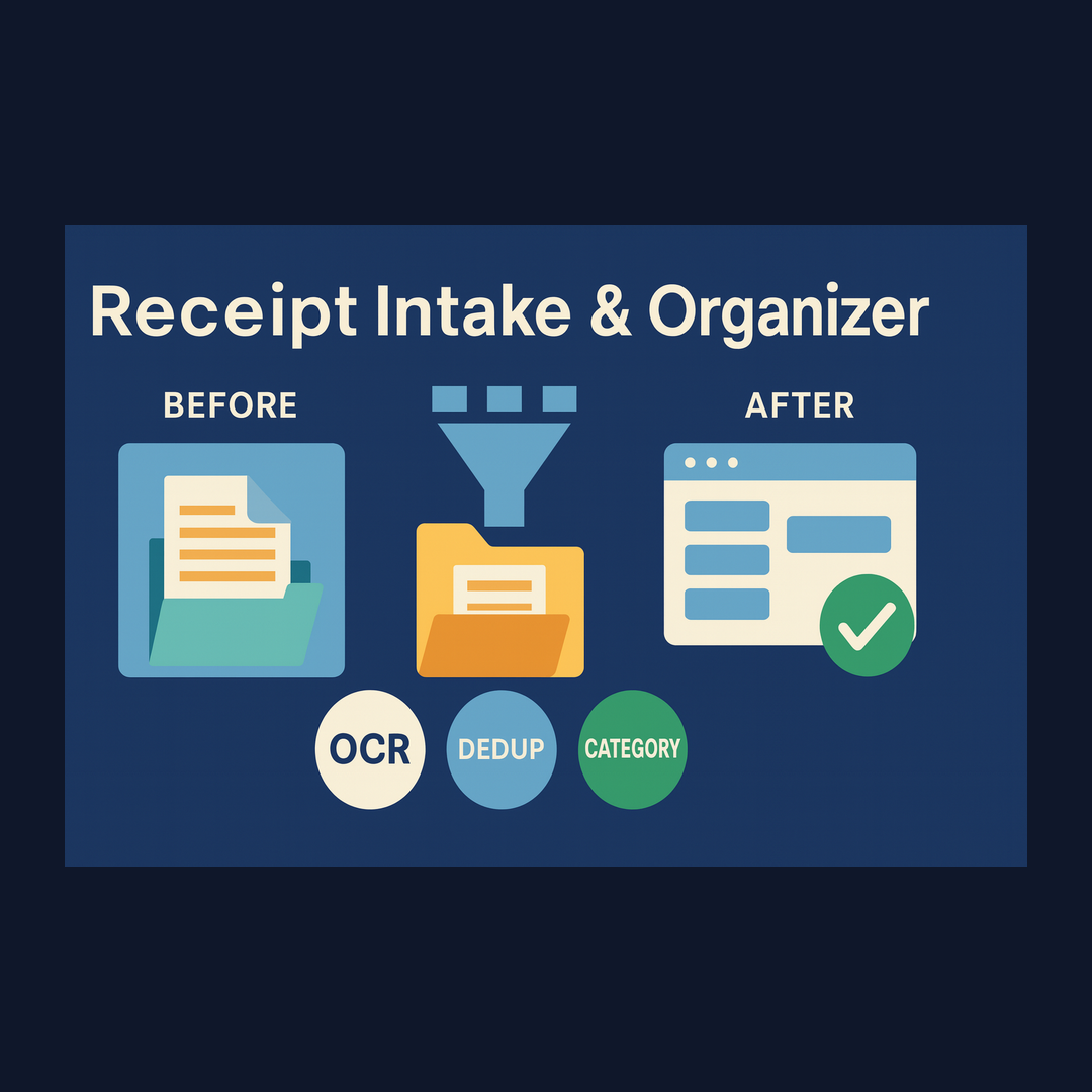 Receipt automation graphic showing receipts converted into organized monthly, category, and vendor summaries.