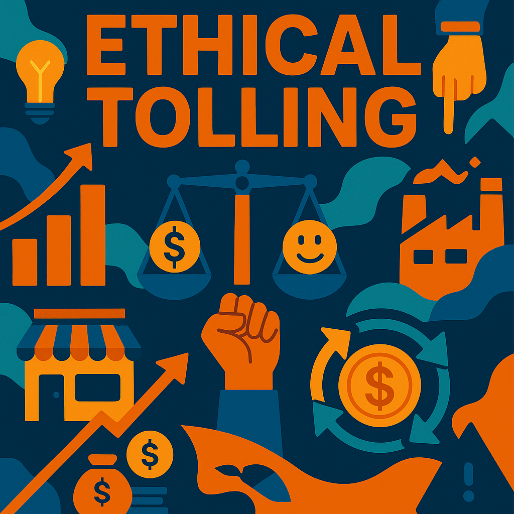 Colorful illustration representing ethical tolling and small business strength, featuring charts, gears, tools, and raised fists symbolizing SMB empowerment.