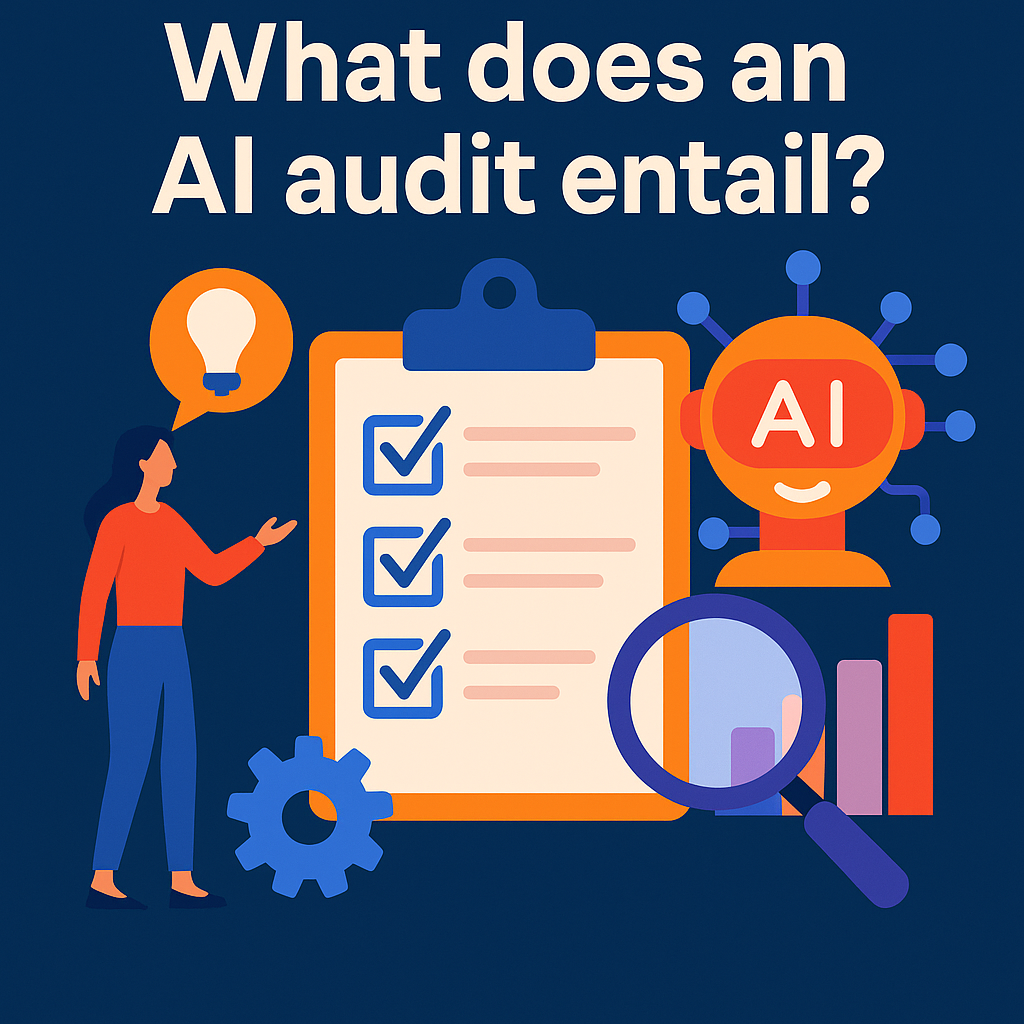 Colorful illustration showing AI audit elements including a checklist, AI assistant icon, magnifying glass, and business analytics graphics to visually represent the AI auditing process.