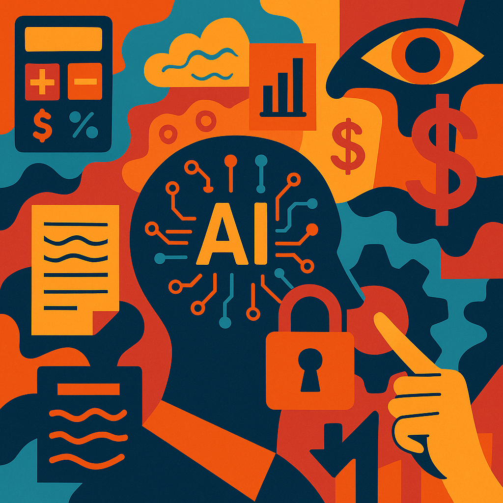 Colorful abstract illustration showing AI interacting with accounting icons like calculators, documents, and dollar signs—representing how AI is reshaping tax and accounting workflows.