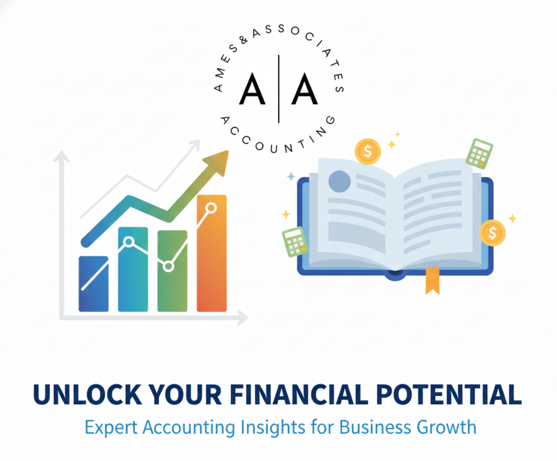Ames & Associates Accounting – colorful graphic showing financial dashboards, metrics, and the Ames logo representing SMB financial clarity and growth