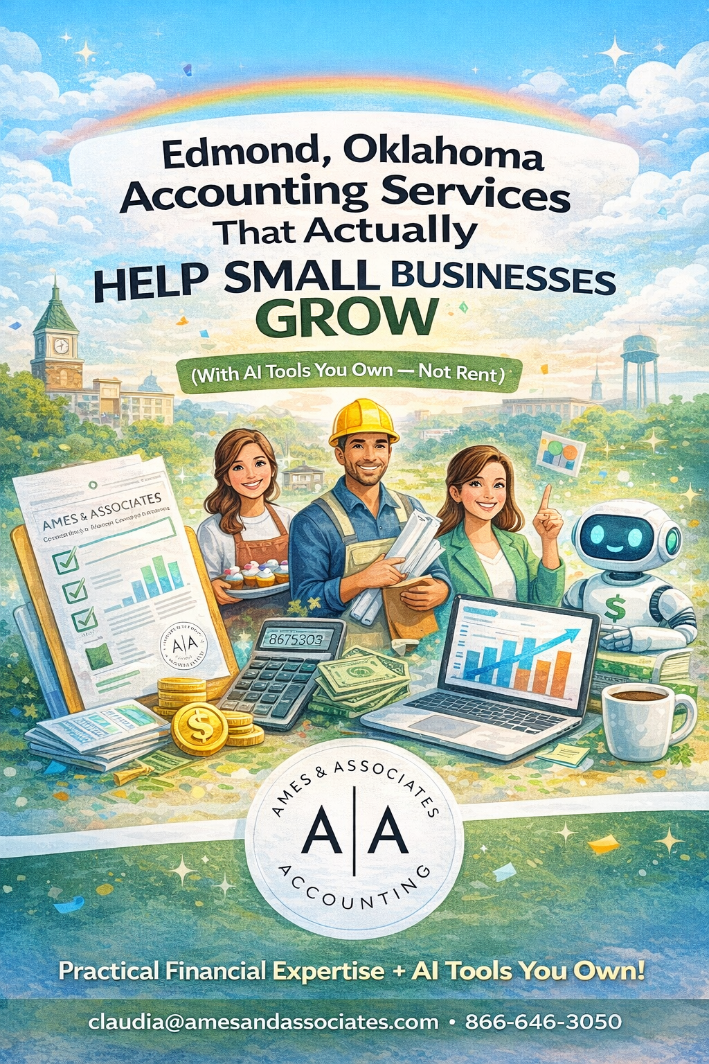 Colorful illustration representing Edmond, Oklahoma accounting services that help small businesses grow, featuring Ames & Associates branding and AI tools owned by the business.