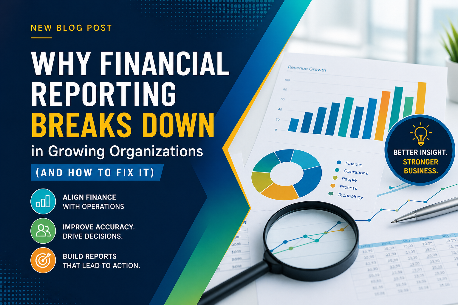 Financial reporting breakdown in growing organizations with charts, analytics visuals, and business insights on improving decision-making and operational alignment